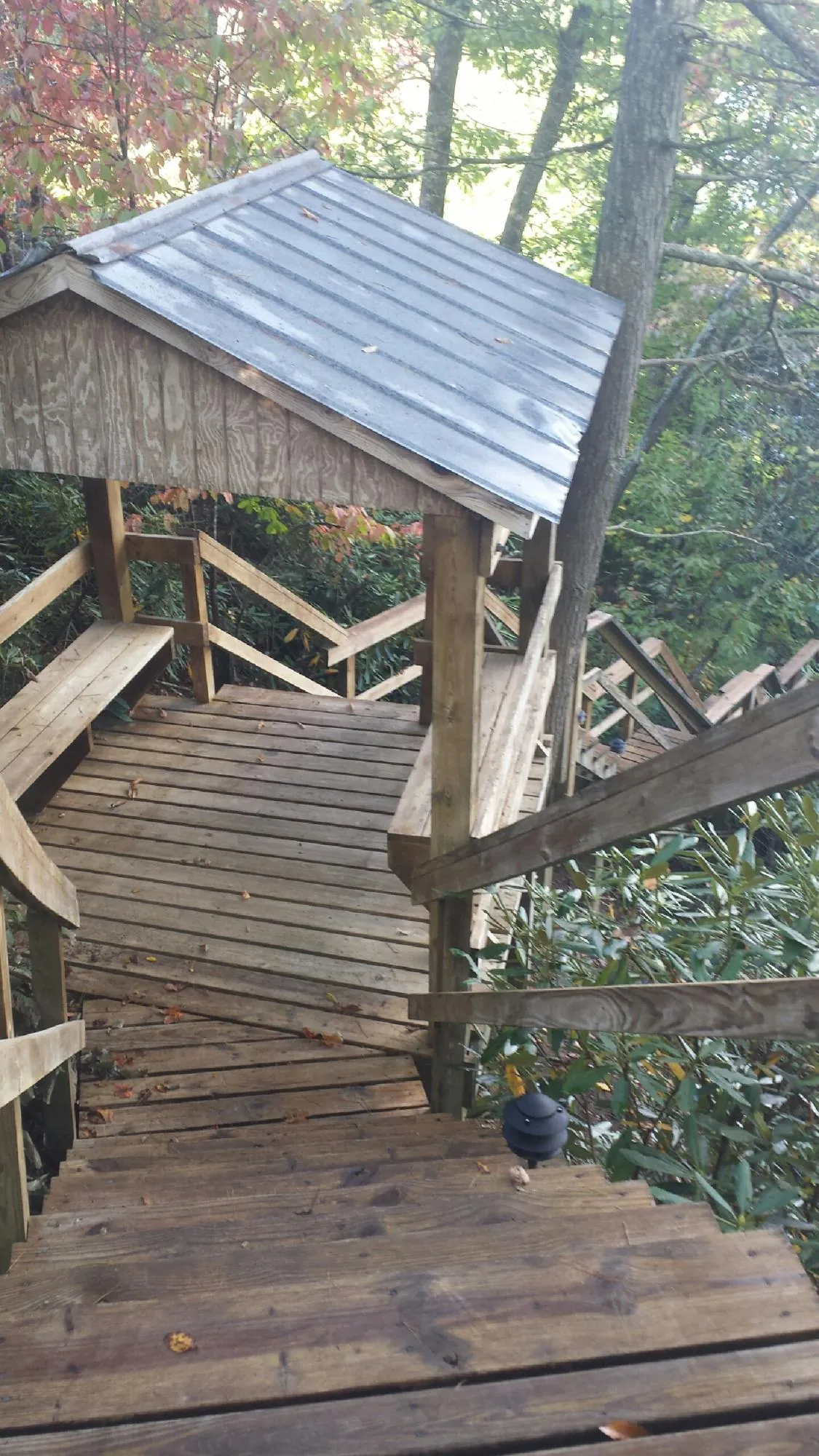 Metal roofed shelter over wooden steps on a wooded walkway — Skylight Repair & Installation work by our crew in Marianna